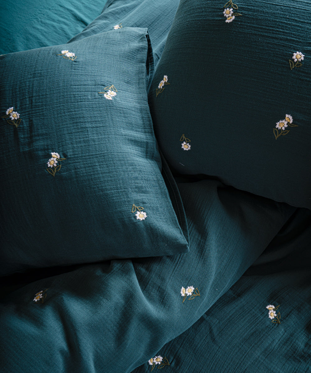 Printemps %100 Pamuk Yıkamalı Nakışlı Müslin Nevresim Takımı Dark Green