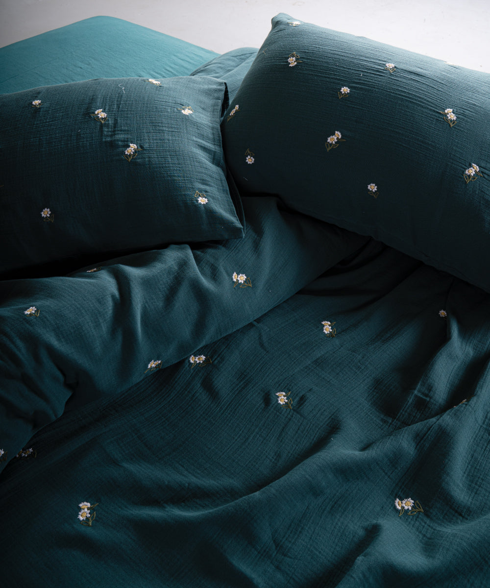 Printemps %100 Pamuk Yıkamalı Nakışlı Müslin Nevresim Takımı Dark Green