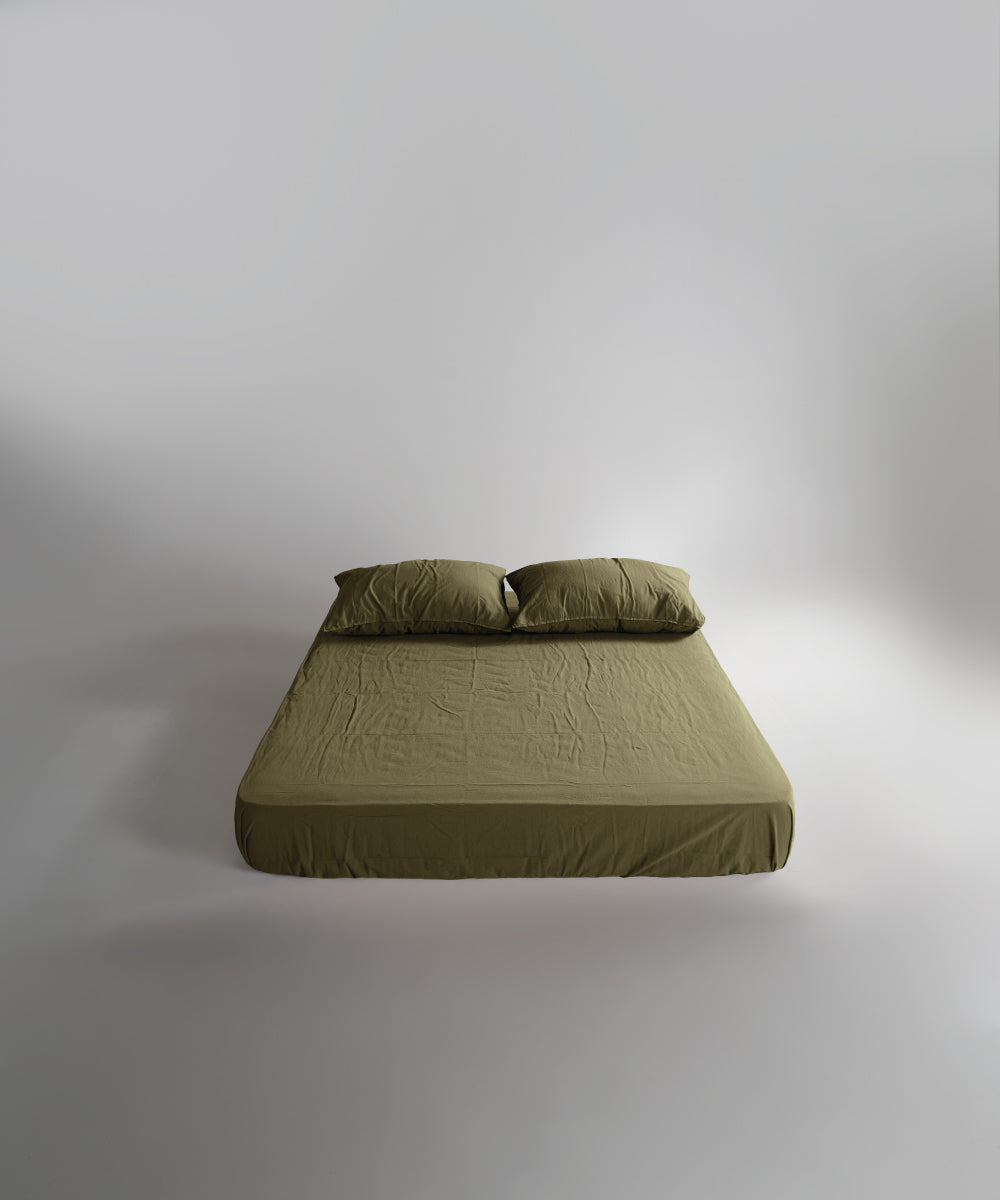 Stonewash 100% Yıkanmış Pamuk Çarşaf Set Olive