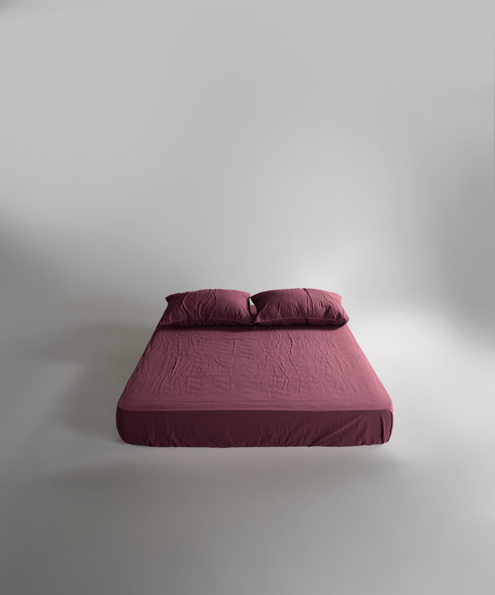 Stonewash 100% Yıkanmış Pamuk Çarşaf Set Raspberry