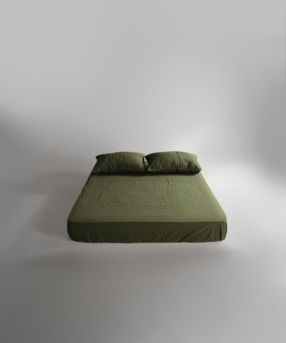 Stonewash 100% Yıkanmış Pamuk Çarşaf Set Capulet Olive