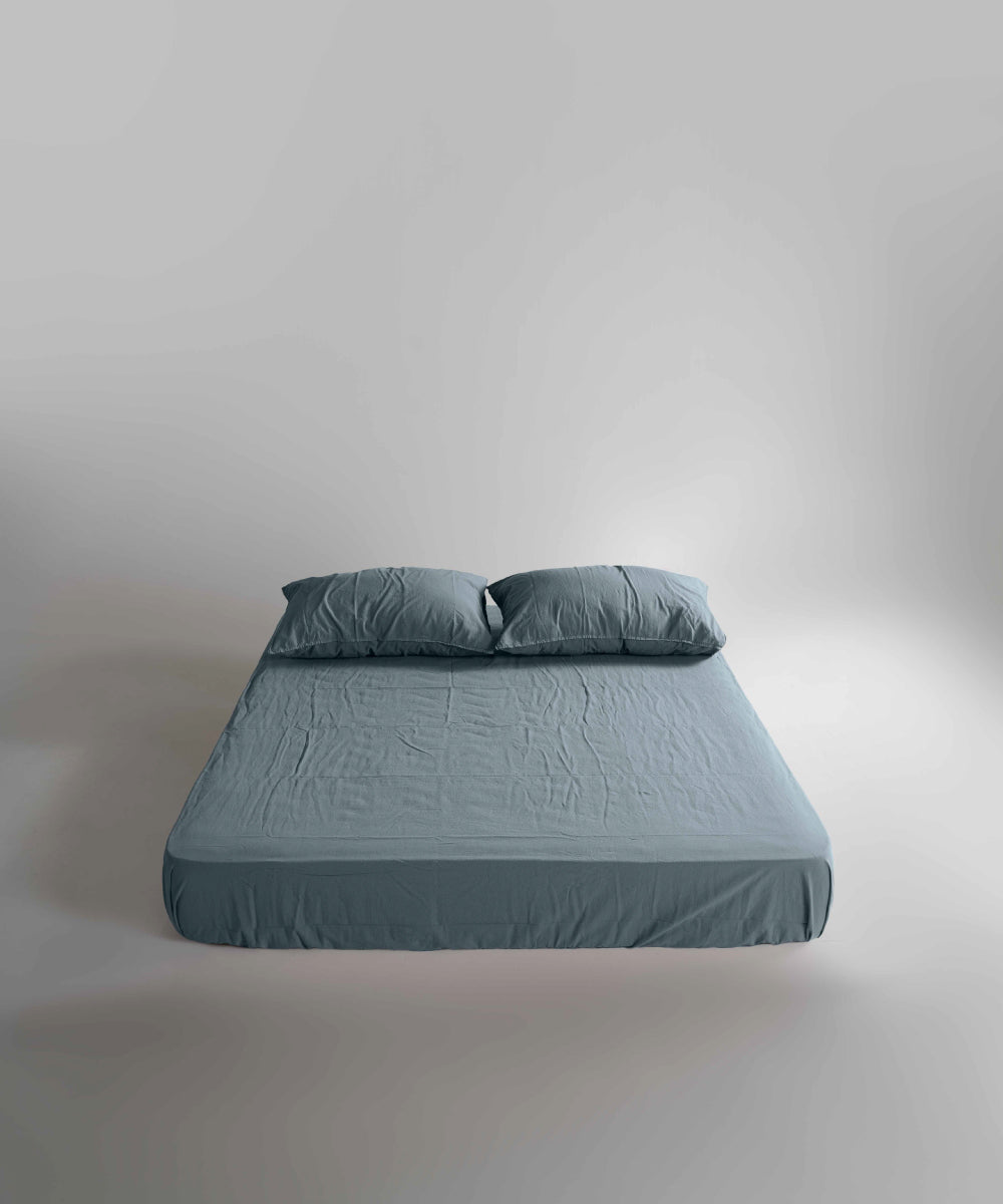 Stonewash 100% Yıkanmış Pamuk Çarşaf Set Akdeniz Mavisi