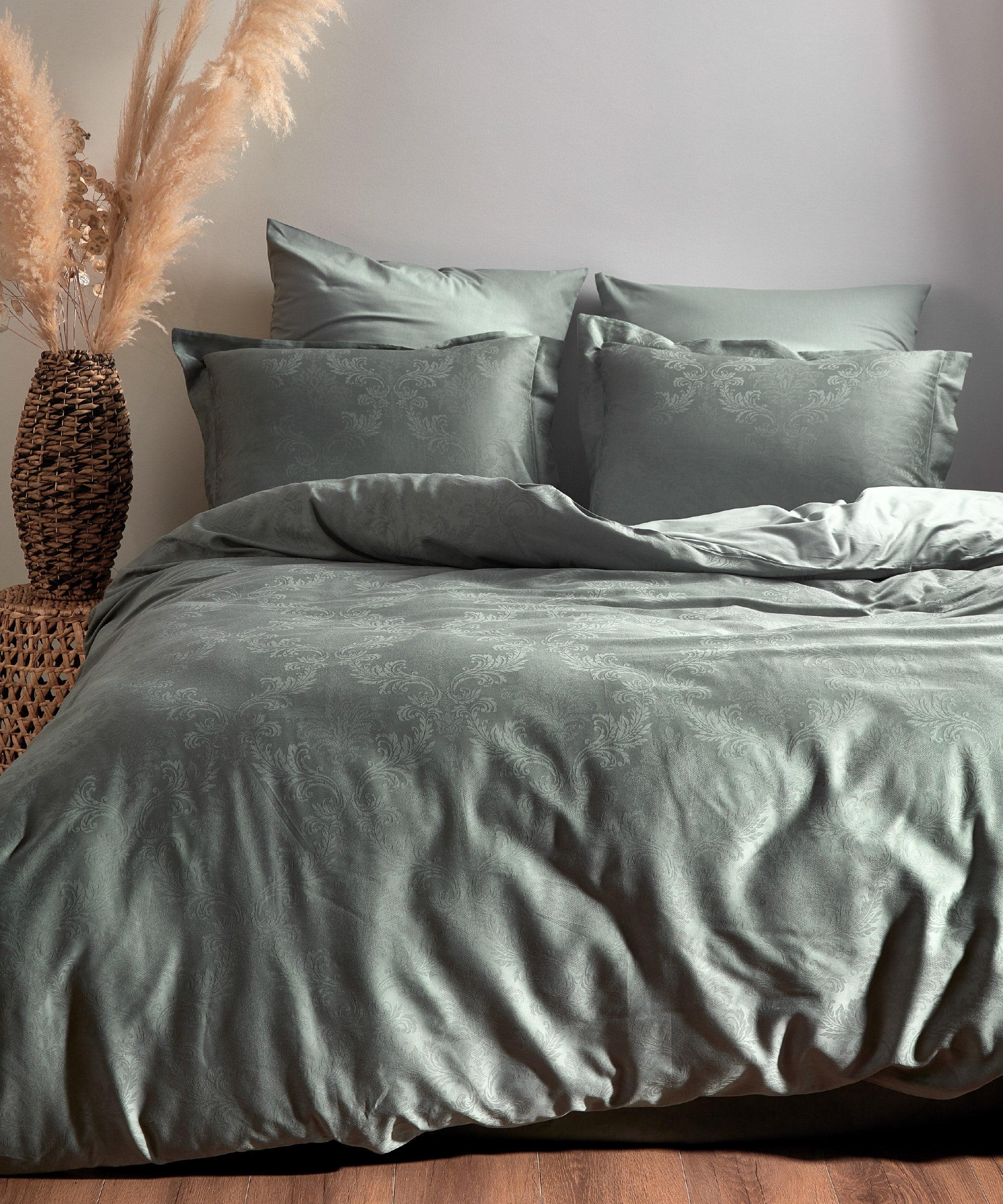 %100 Pamuk Jakarlı Nevresim Takımı Hoten - Natural Green