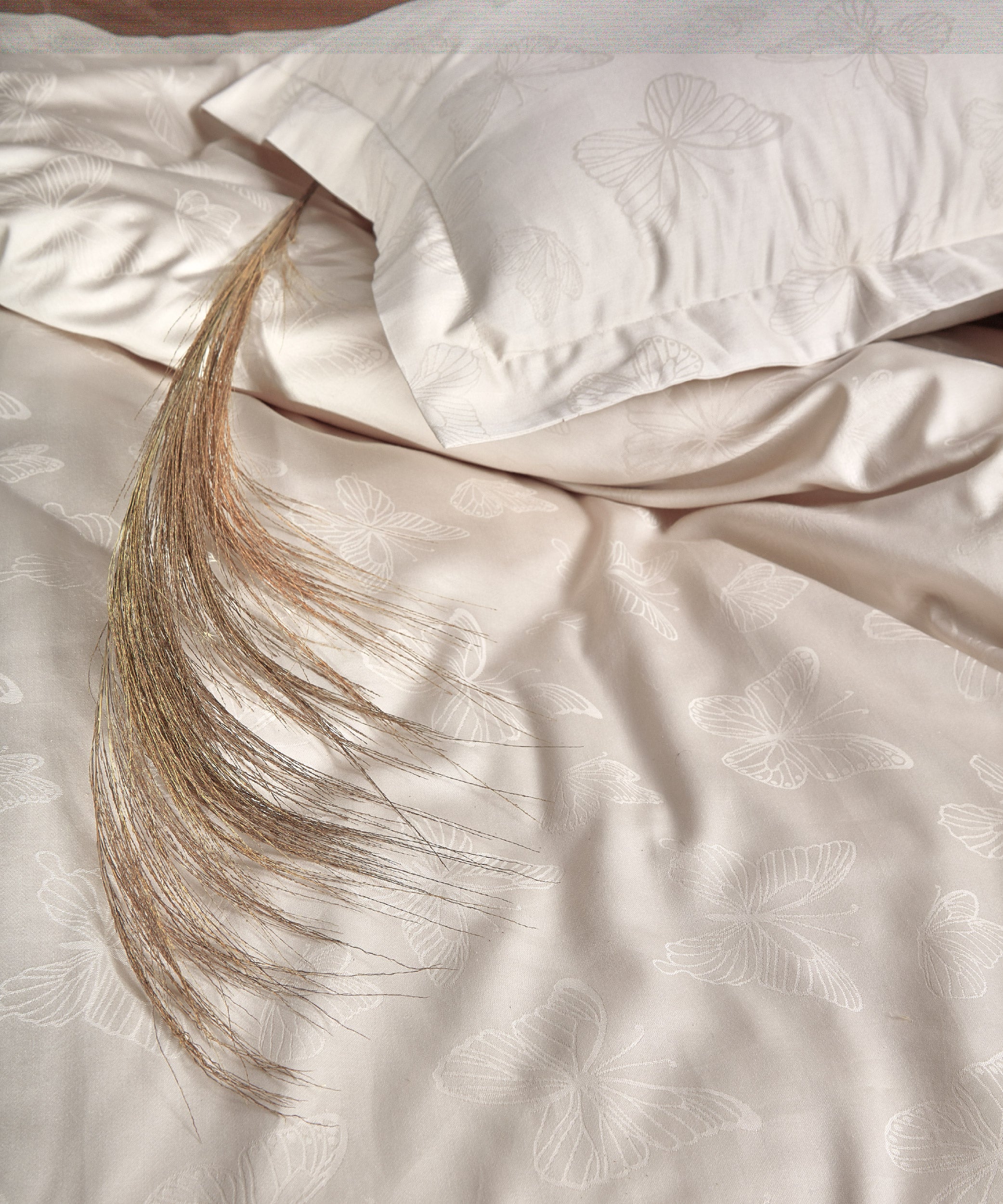 %100 Pamuk Jakarlı Nevresim Takımı Kelebek - Natural Krem