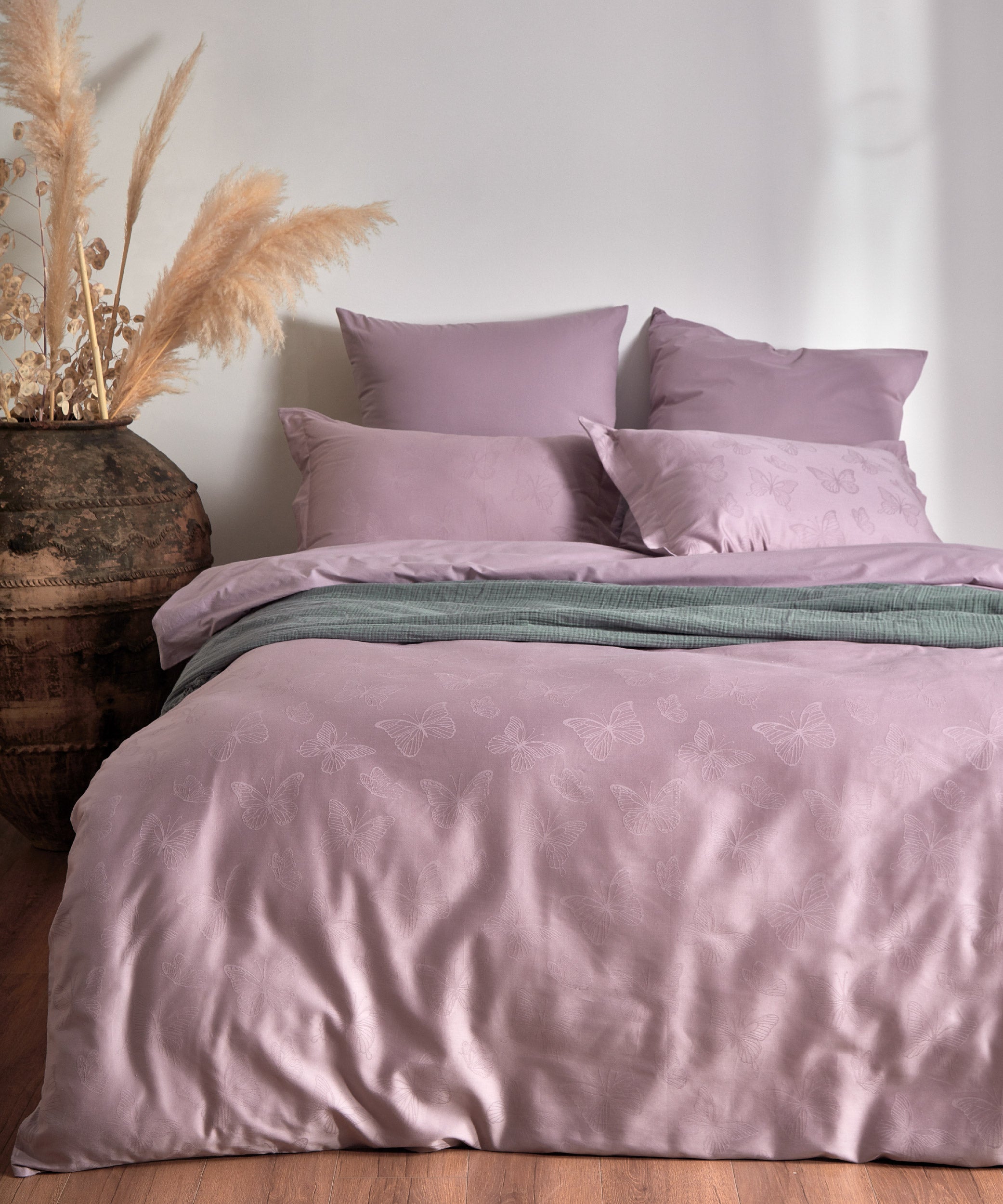 %100 Pamuk Jakarlı Nevresim Takımı Kelebek - Natural Violet