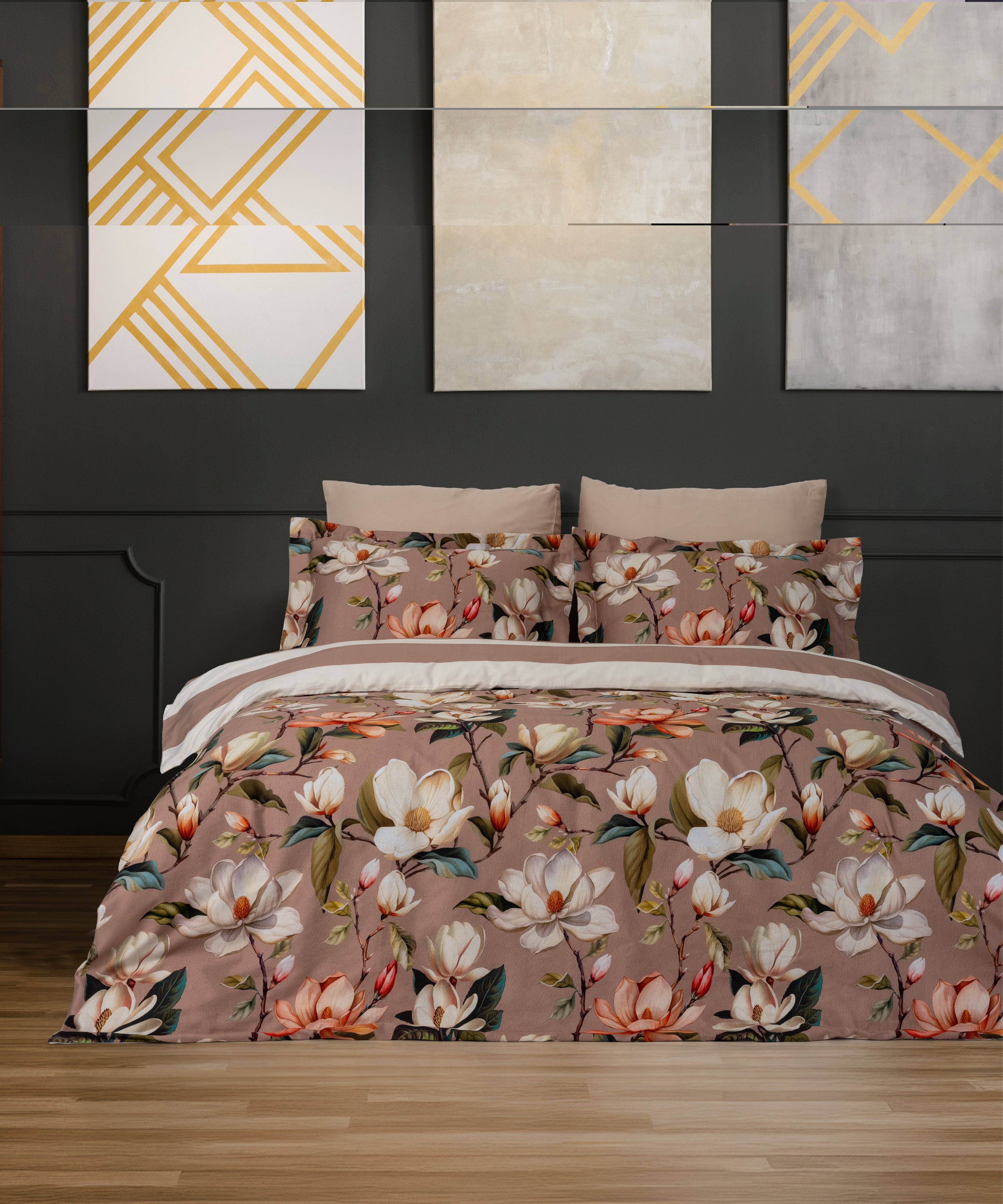 %100 Pamuk Dijital Baskılı Saten Nevresim Takımı - Magnolya Bej