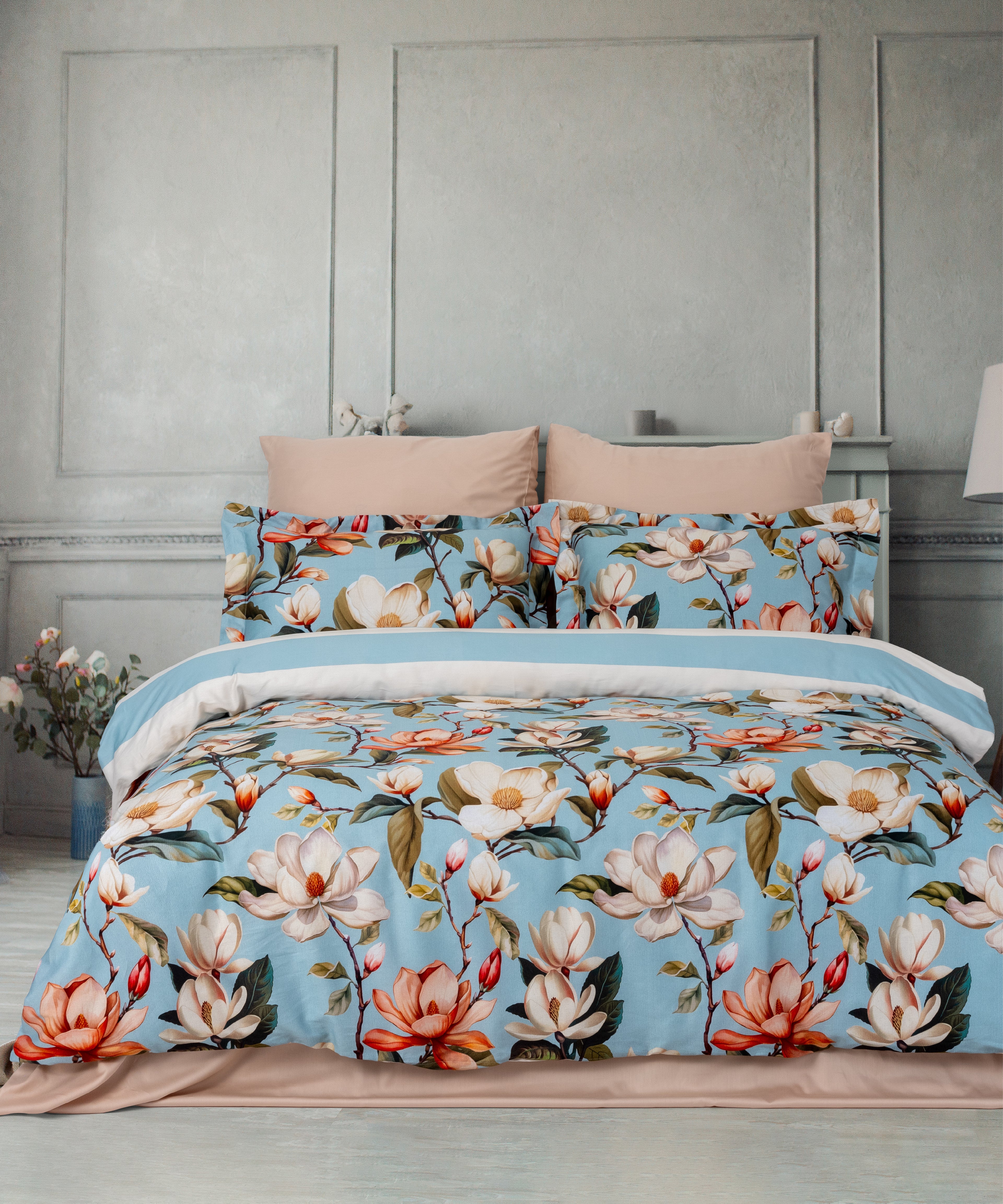 %100 Pamuk Dijital Baskılı Saten Nevresim Takımı - Magnolya Mavi