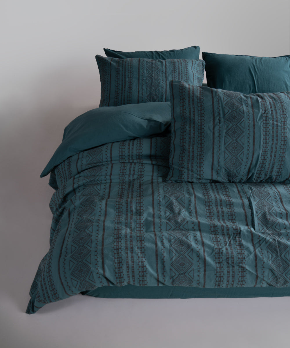 Stonewash 100% Yıkanmış Pamuk Nevresim Takımı Coastal Trio - Dark Green