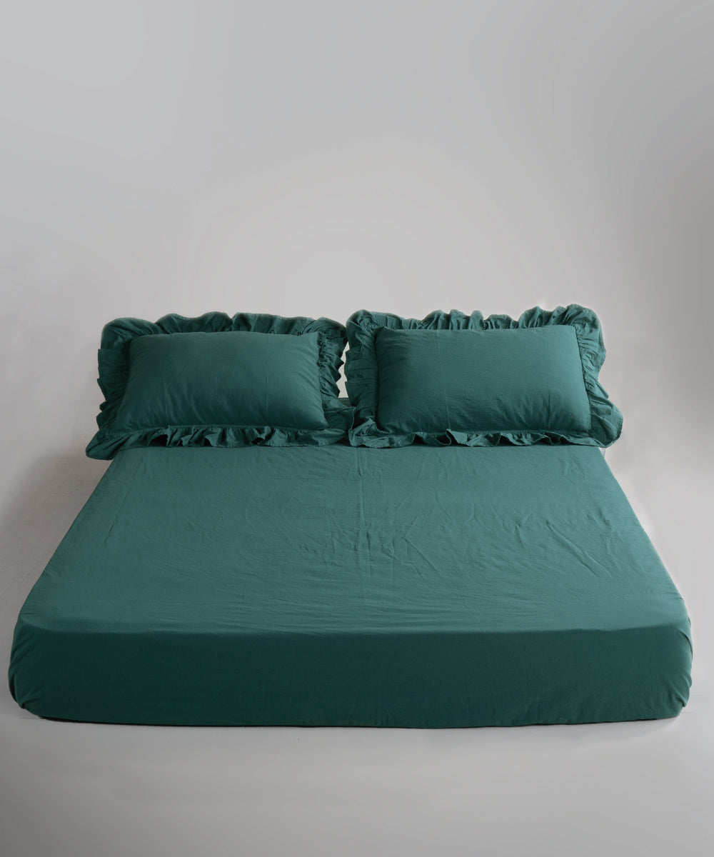 Stonewash 100% Yıkanmış Pamuk Exclusive Çarşaf Set Dark Green