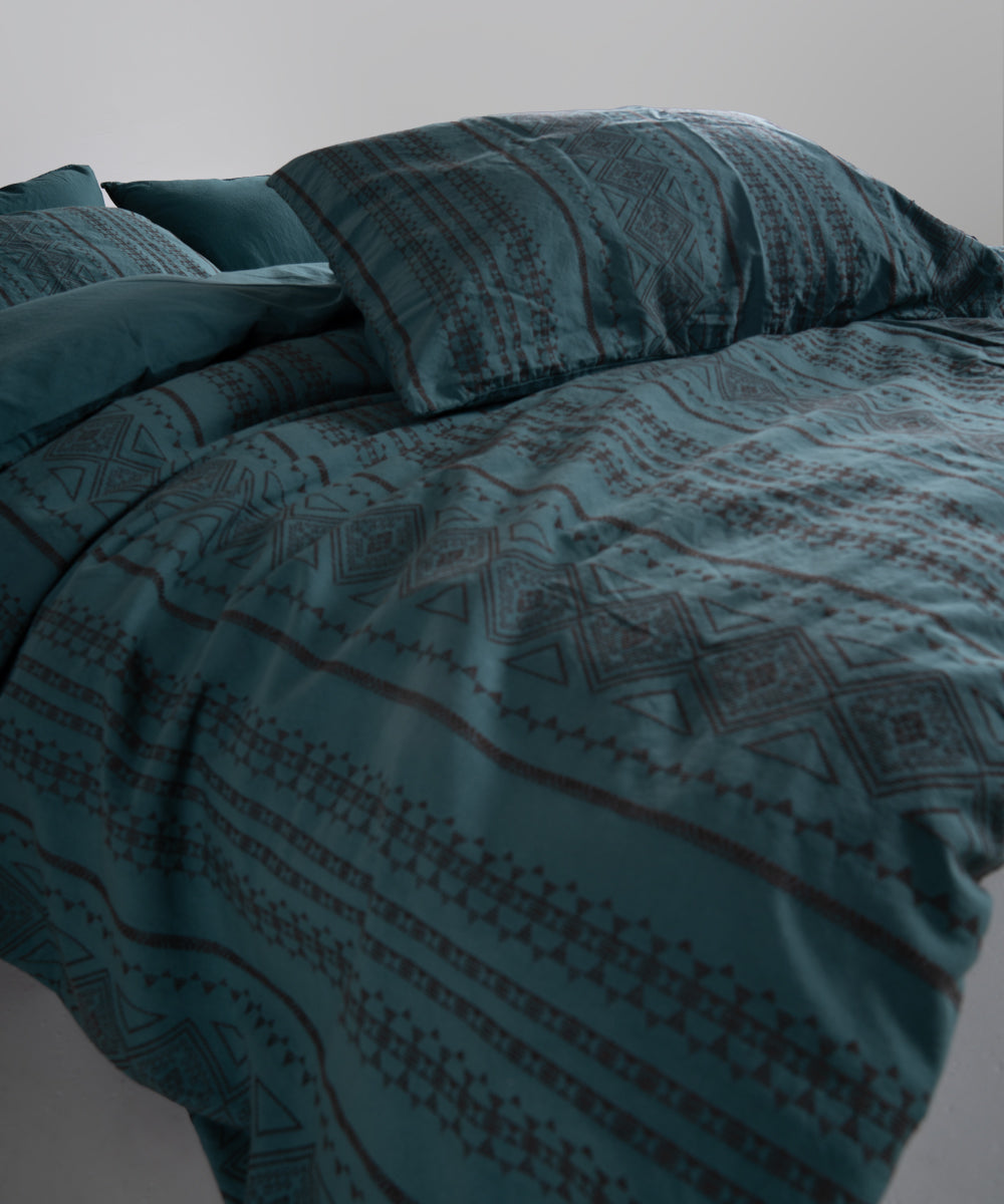 Stonewash 100% Yıkanmış Pamuk Nevresim Takımı Coastal Trio - Dark Green