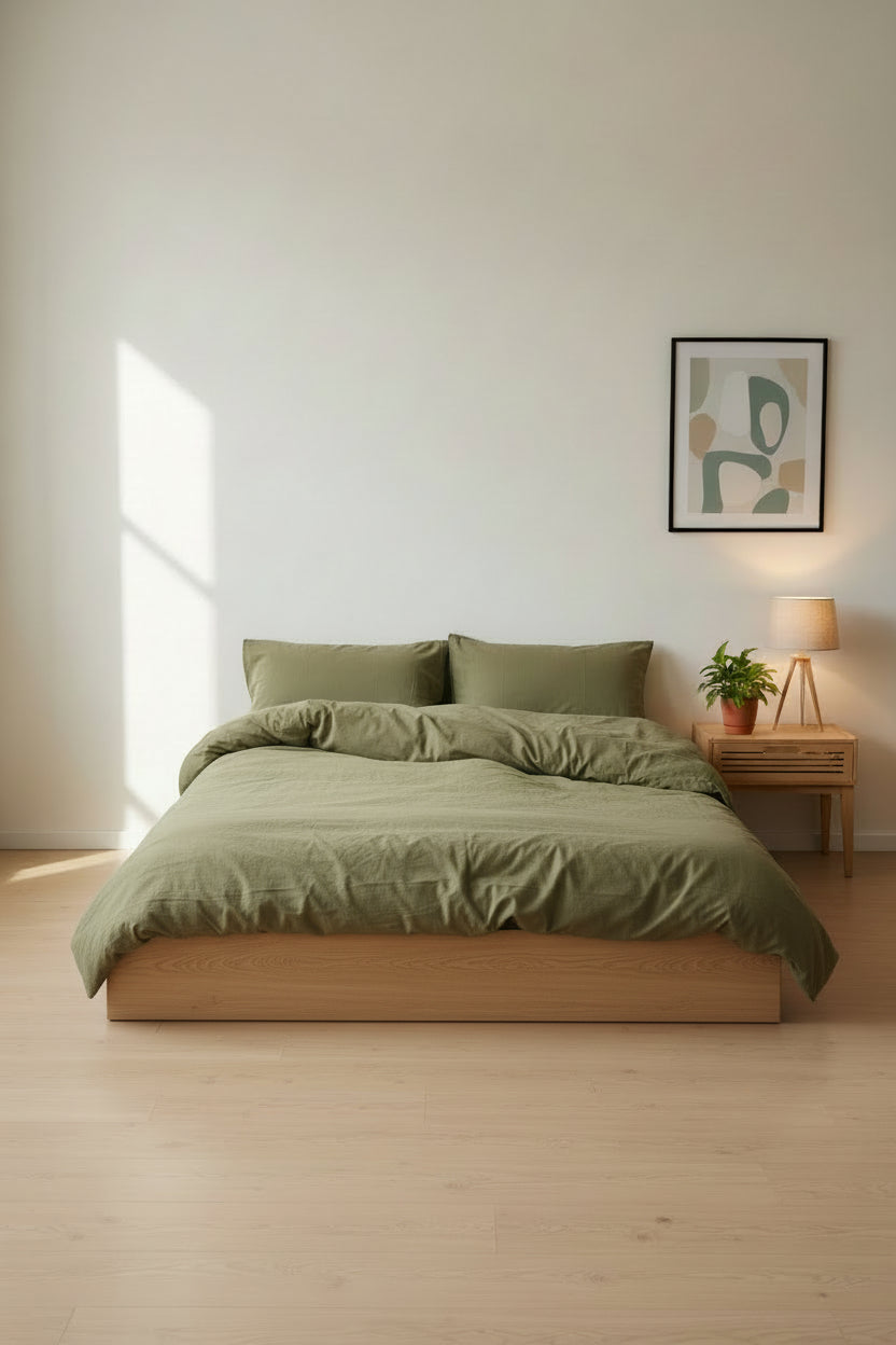 Stonewash 100% Yıkanmış Pamuk Nevresim Takımı Olive