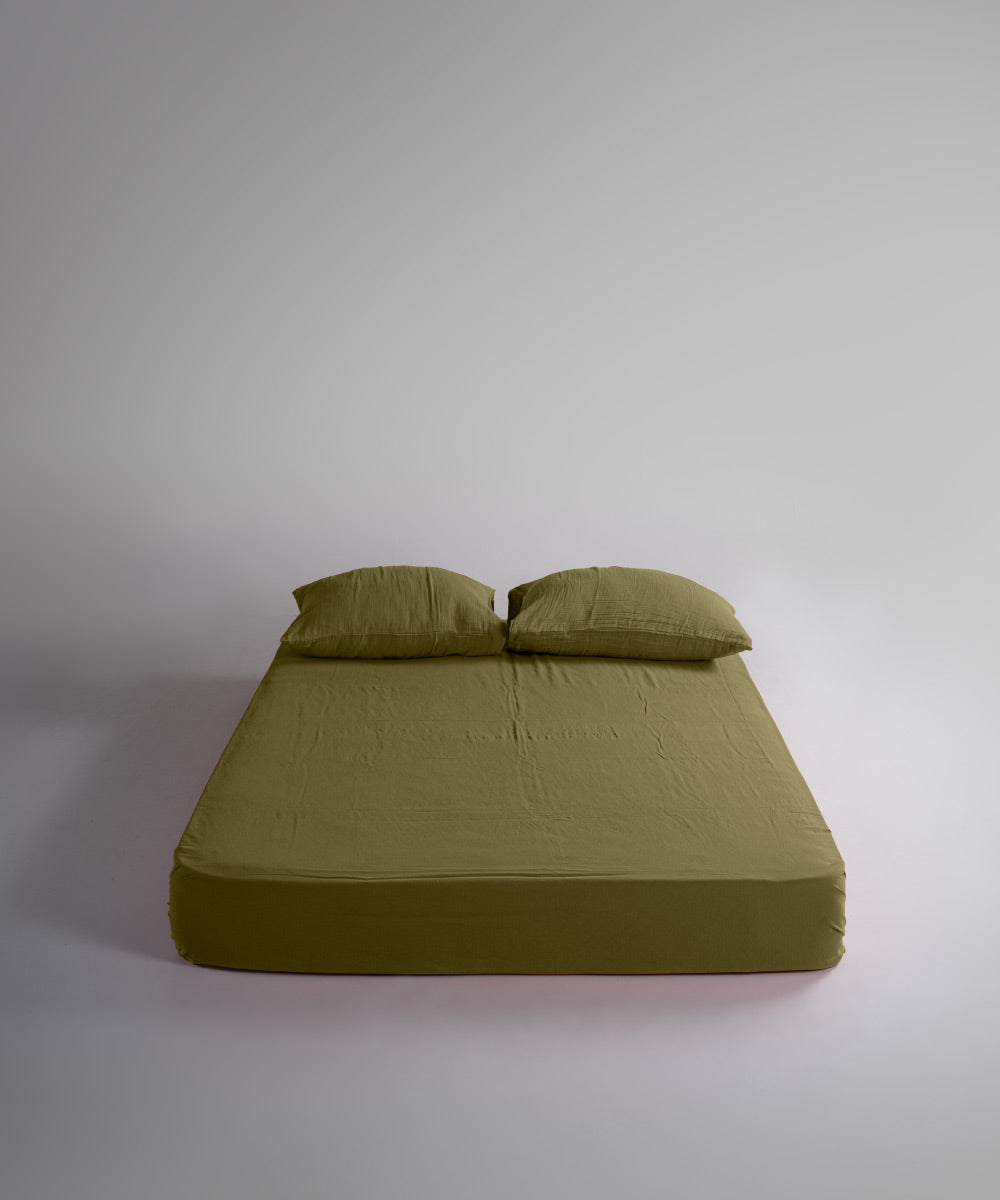 %100 Pamuk Yıkamalı Müslin Çarşaf Set - Olive