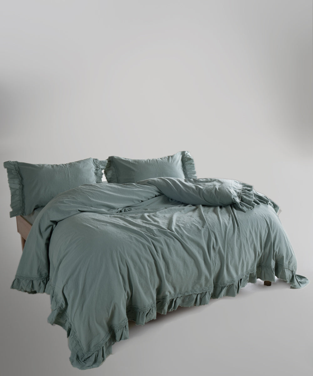 %100 Pamuk Stonewash Nevresim Takımı - Francesca Natural Green