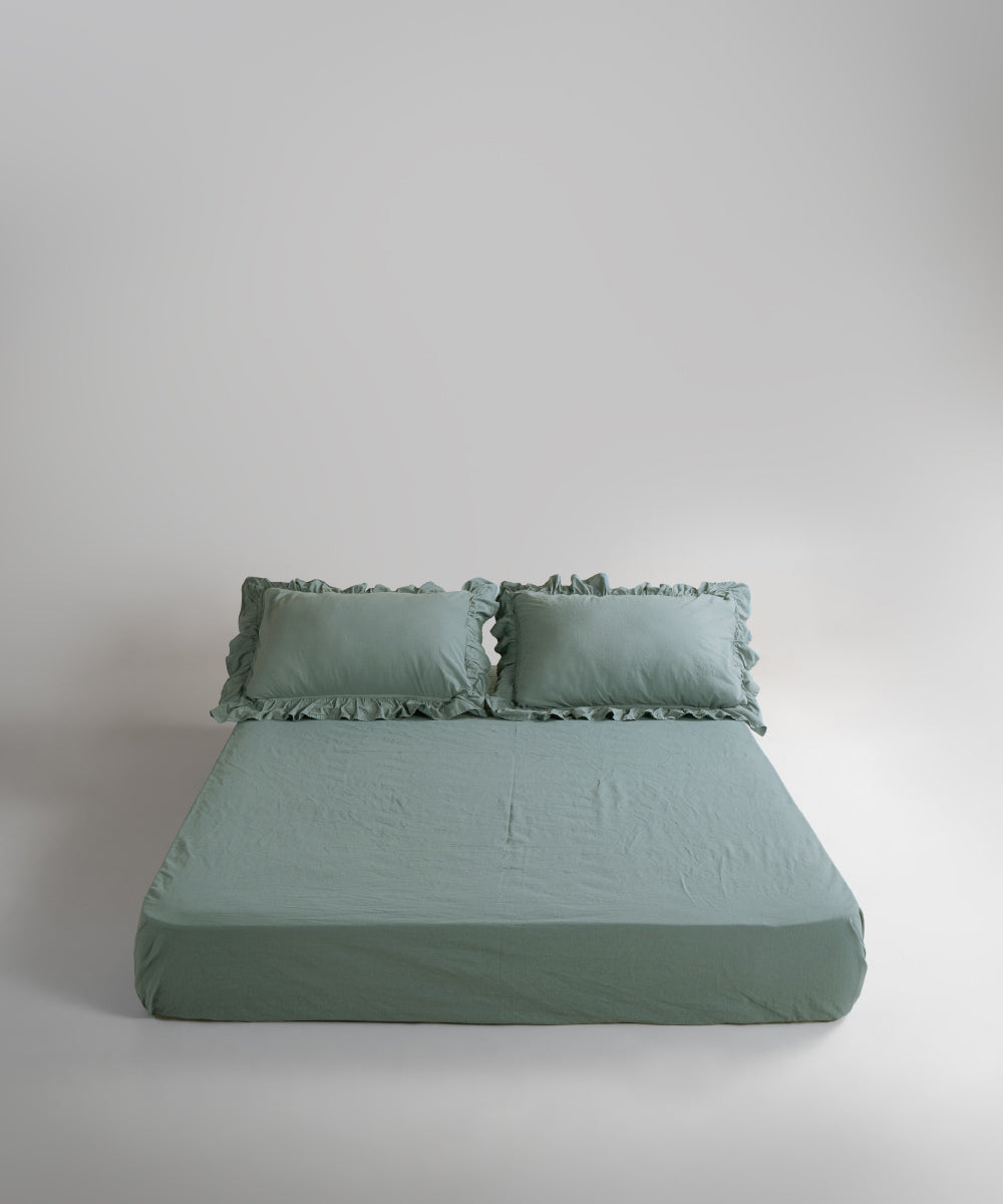 Stonewash 100% Yıkanmış Pamuk Exclusive Çarşaf Set Natural Green