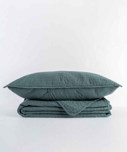 Basic 100% Pamuk Stonewashed Yatak Örtüsü Dark Green