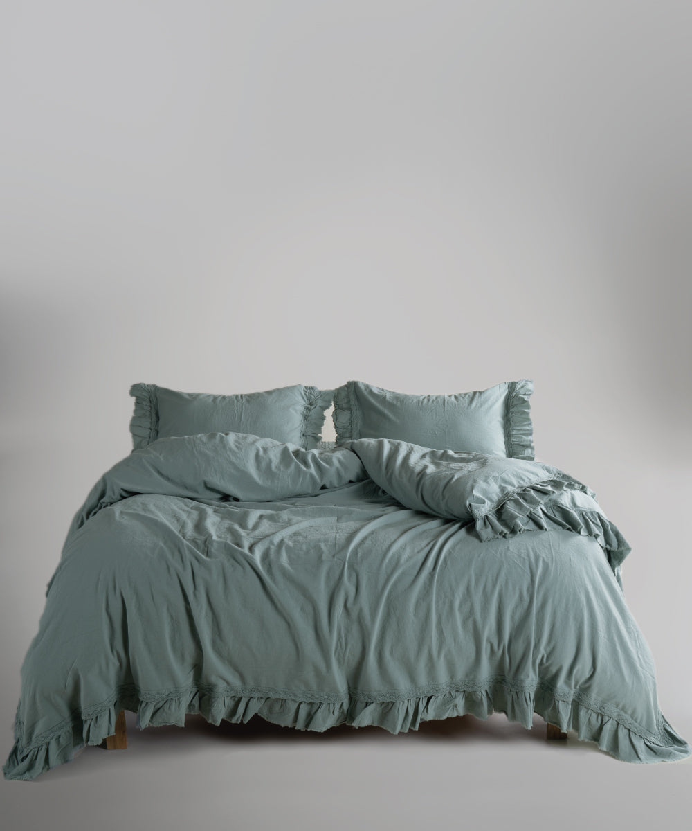 %100 Pamuk Stonewash Nevresim Takımı - Francesca Natural Green