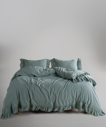 %100 Pamuk Stonewash Nevresim Takımı - Francesca Natural Green