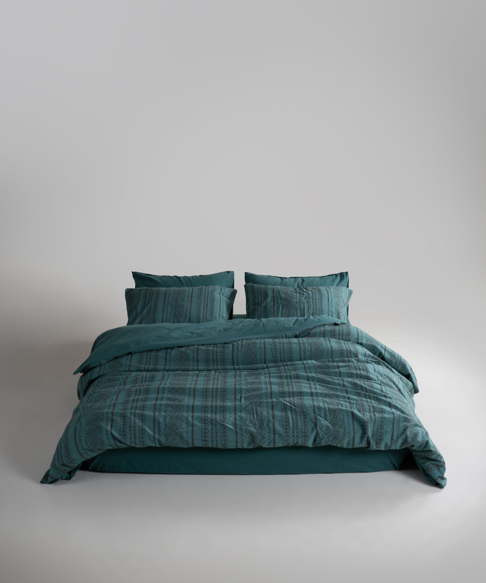 Stonewash 100% Yıkanmış Pamuk Nevresim Takımı Coastal Trio - Dark Green