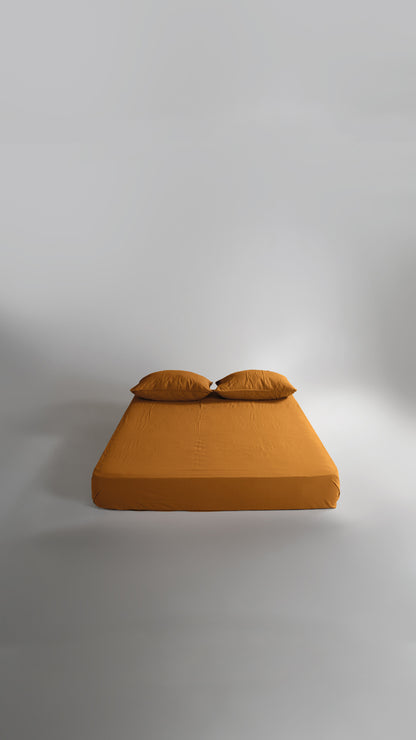 Stonewash 100% Yıkanmış Pamuk Çarşaf Set Mustard