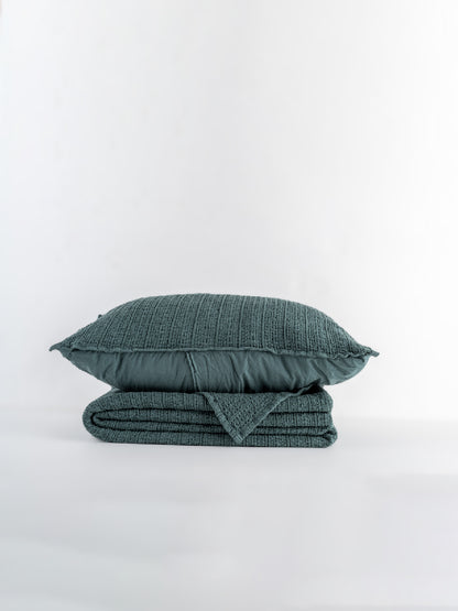 Waffle 100% Pamuk Stonewashed Yatak Örtüsü Dark Green