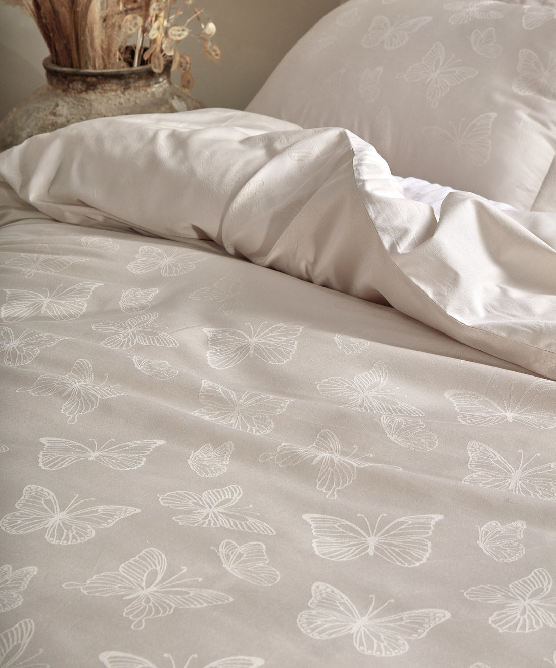 %100 Pamuk Jakarlı Nevresim Takımı Kelebek - Natural Krem