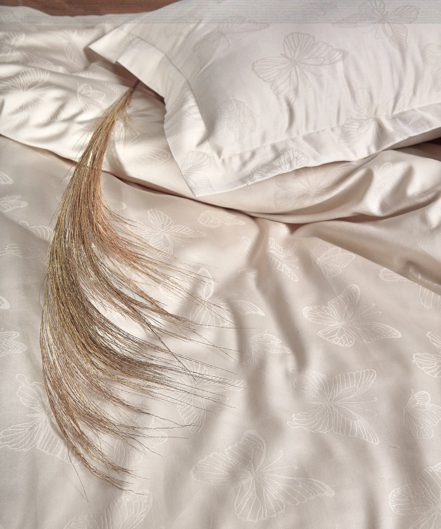 %100 Pamuk Jakarlı Nevresim Takımı Kelebek - Natural Krem