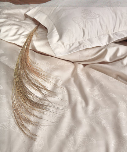 %100 Pamuk Jakarlı Nevresim Takımı Kelebek - Natural Krem