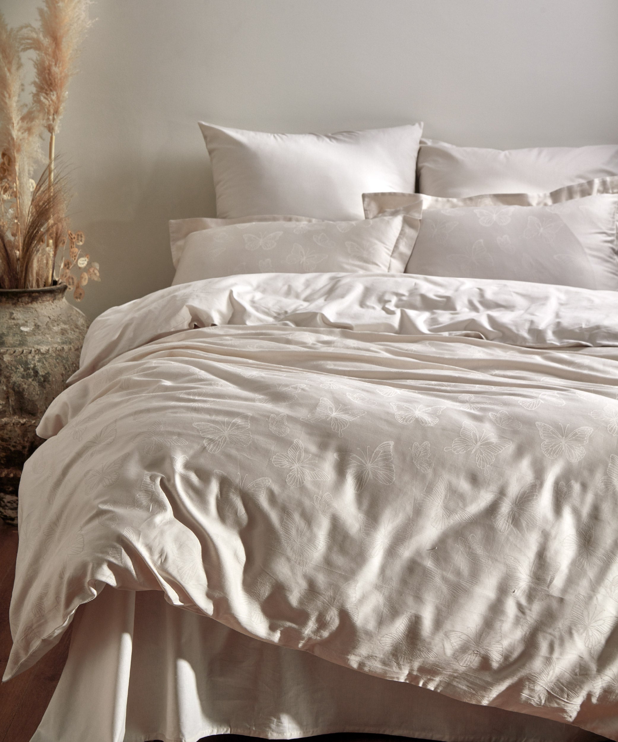 %100 Pamuk Jakarlı Nevresim Takımı Kelebek - Natural Krem