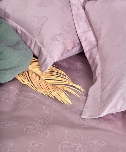 %100 Pamuk Jakarlı Nevresim Takımı Kelebek - Natural Violet