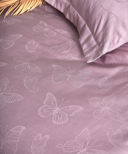 %100 Pamuk Jakarlı Nevresim Takımı Kelebek - Natural Violet