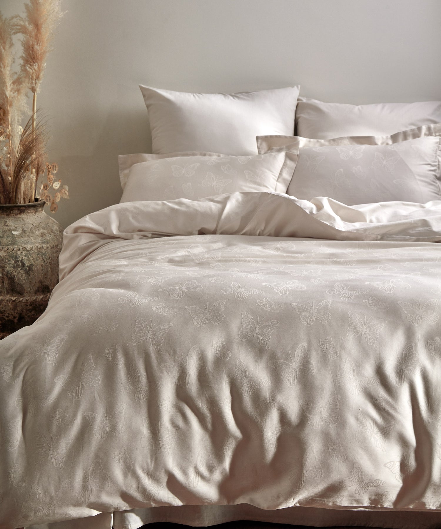 %100 Pamuk Jakarlı Nevresim Takımı Kelebek - Natural Krem