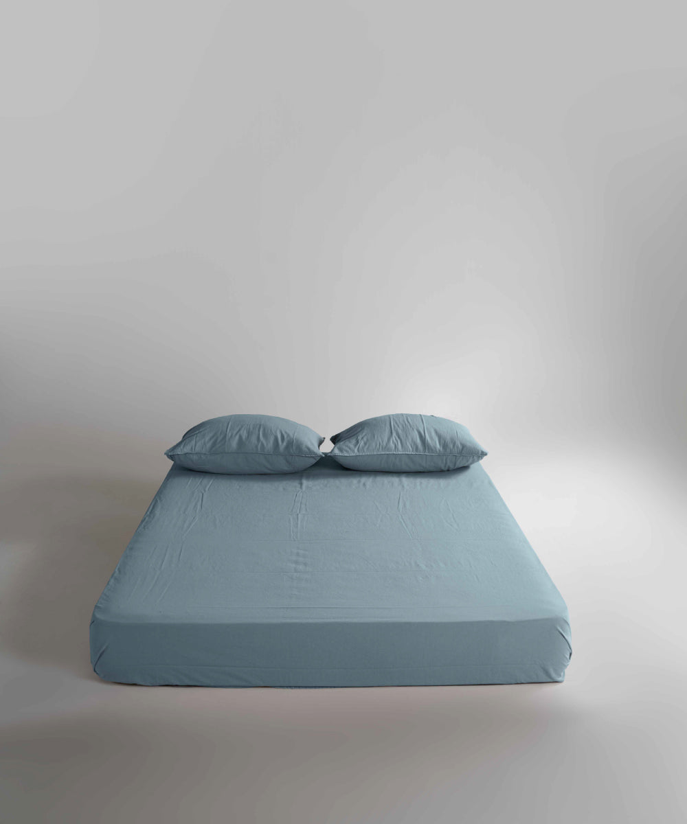 Stonewash 100% Yıkanmış Pamuk Çarşaf Set Mineral Blue